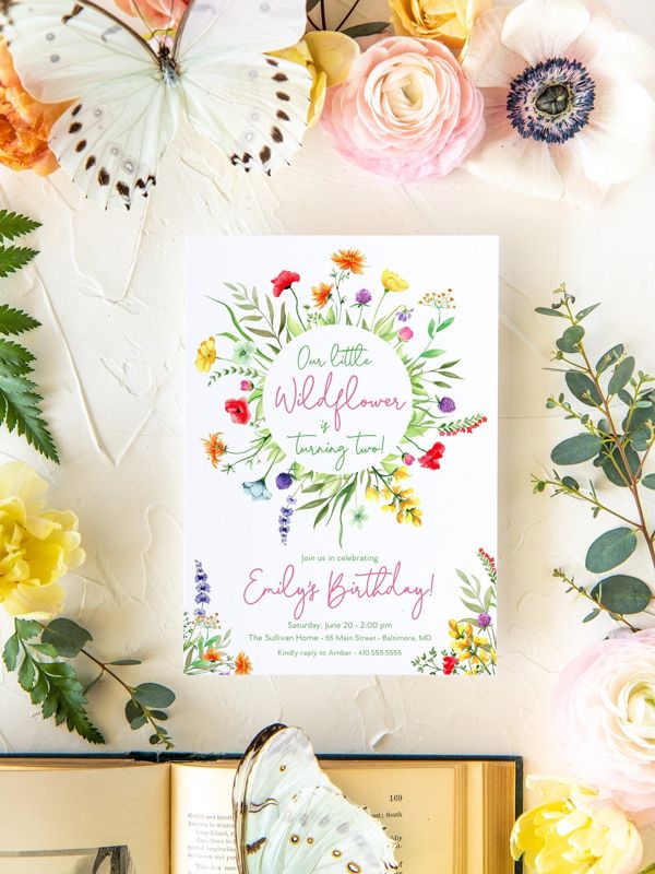 Wildflower Birthday Invitations - Our Little Wildflower - Wildflower Garden Party - Girl Birthday - Wildflower Garden Birthday Invites (10 printed invitations | Plain White Envelopes)