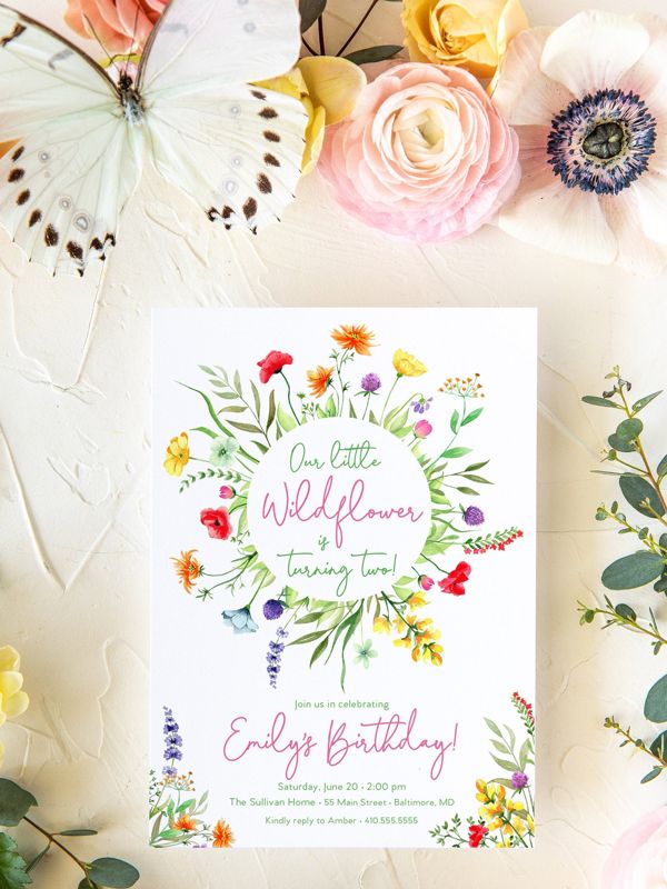 Wildflower Birthday Invitations - Our Little Wildflower - Wildflower Garden Party - Girl Birthday - Wildflower Garden Birthday Invites (10 printed invitations | Plain White Envelopes)