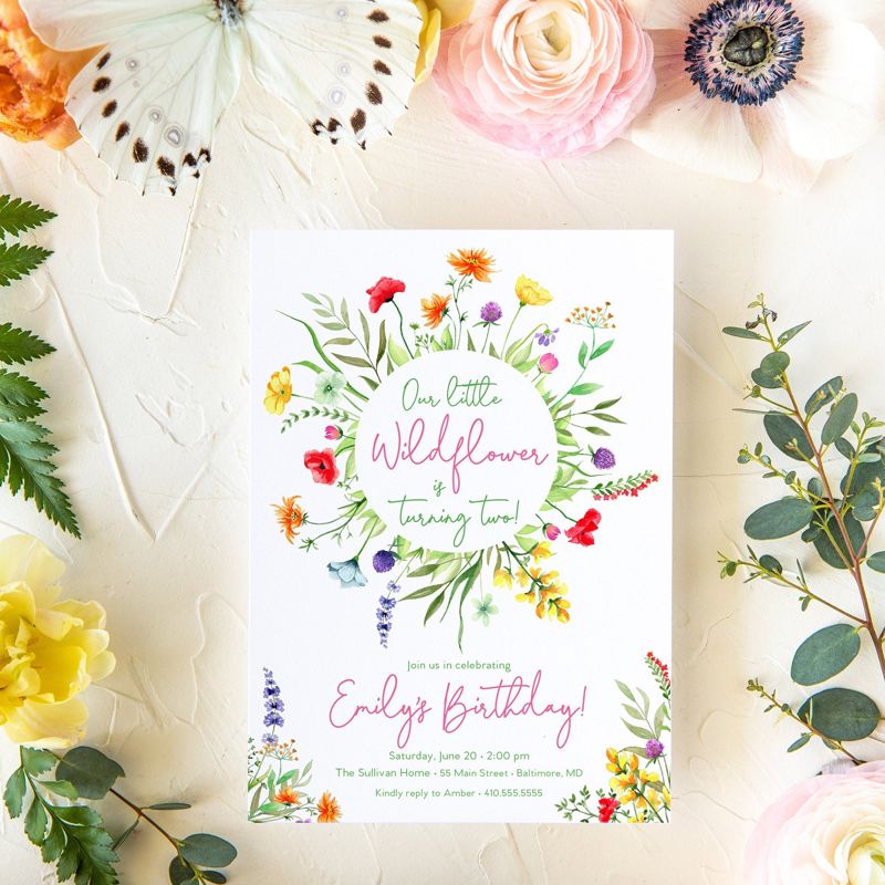 Wildflower Birthday Invitations - Our Little Wildflower - Wildflower Garden Party - Girl Birthday - Wildflower Garden Birthday Invites (10 printed invitations | Plain White Envelopes)