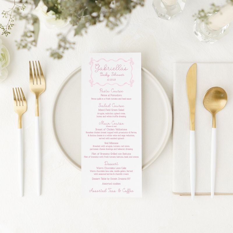 Printed Menu Cards for Girl Baby Shower, Classic Pink and White, 4.25x9" (20 printed menus)