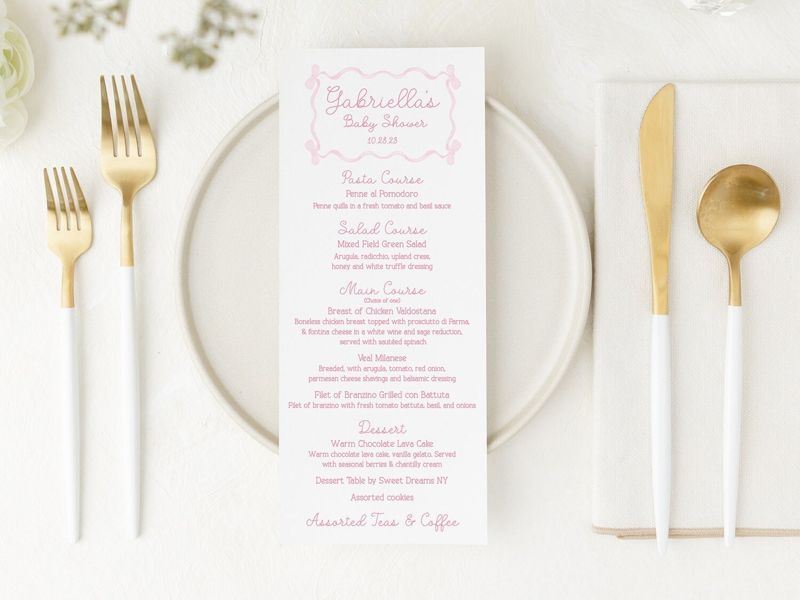 Printed Menu Cards for Girl Baby Shower, Classic Pink and White, 4.25x9" (20 printed menus)