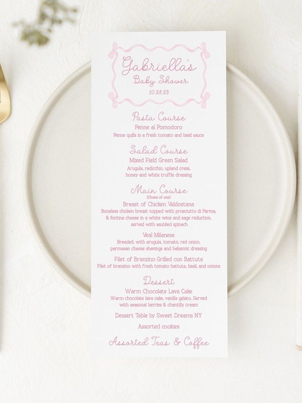 Printed Menu Cards for Girl Baby Shower, Classic Pink and White, 4.25x9" (20 printed menus)