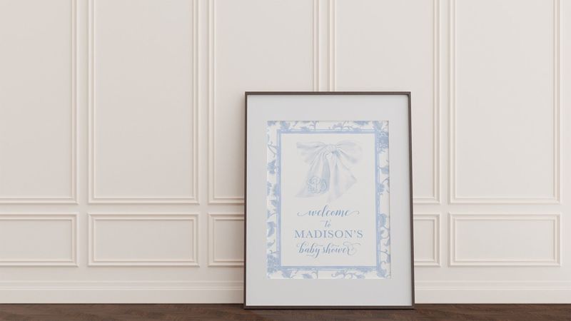 Blue Chinoiserie Baby Boy Shower Welcome Sign, Monogram Bow, Heirloom Bow, Baby Brunch, Printable, Brunch for Baby, Watercolor