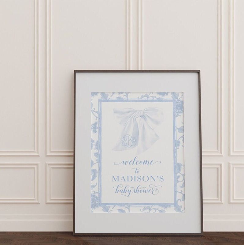 Blue Chinoiserie Baby Boy Shower Welcome Sign, Monogram Bow, Heirloom Bow, Baby Brunch, Printable, Brunch for Baby, Watercolor