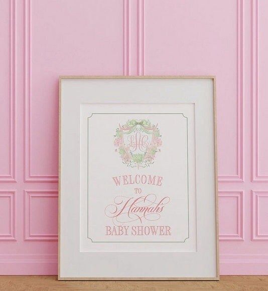 Printed Green and Pink Chinoiserie Baby Shower Welcome Sign - 18 x 24" welcome poster - sip and see - baby sprinkle