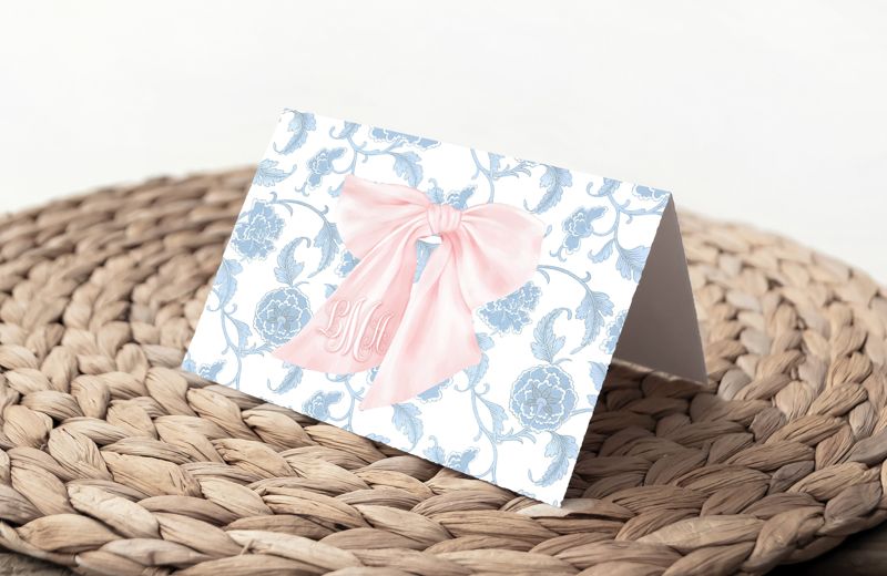 Baby Girl Thank You Notes - Pink Heirloom Bow Note Cards - Blue Chinoiserie Notes - Printed Note Cards - Baby Shower Thank You - Monogram (20 printed notes)