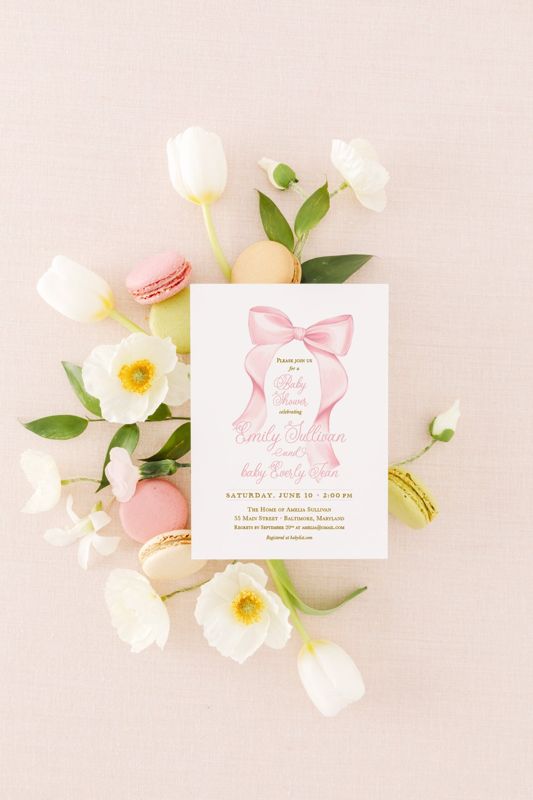 Pink Bow Girl Baby Shower Invitations, Grandmillenial Bows, Baby Girl Sprinkle, Whimsical Fancy Garden Tea Party 1st Birthday, Printed (10 printed invitations | Plain White Envelopes)