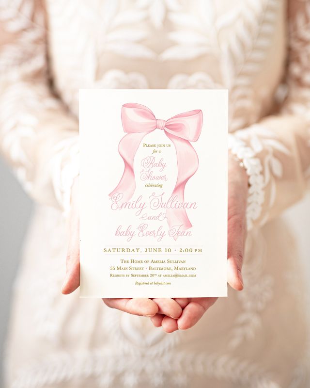 Pink Bow Girl Baby Shower Invitations, Grandmillenial Bows, Baby Girl Sprinkle, Whimsical Fancy Garden Tea Party 1st Birthday, Printed (10 printed invitations | Plain White Envelopes)