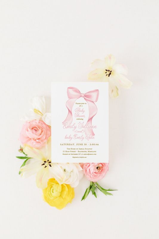 Pink Bow Girl Baby Shower Invitations, Grandmillenial Bows, Baby Girl Sprinkle, Whimsical Fancy Garden Tea Party 1st Birthday, Printed (10 printed invitations | Plain White Envelopes)