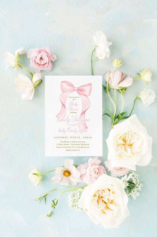 Pink Bow Girl Baby Shower Invitations, Grandmillenial Bows, Baby Girl Sprinkle, Whimsical Fancy Garden Tea Party 1st Birthday, Printed (10 printed invitations | Plain White Envelopes)