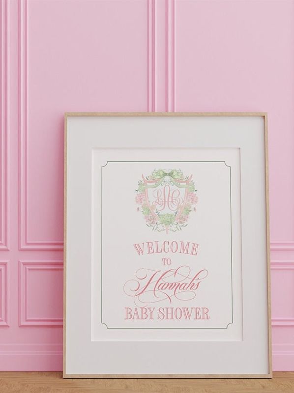 Grandmillenial Welcome Sign for Baby Shower - Monogram Welcome Sign - Pink Hydrangea Bow Crest, Timeless Heirloom