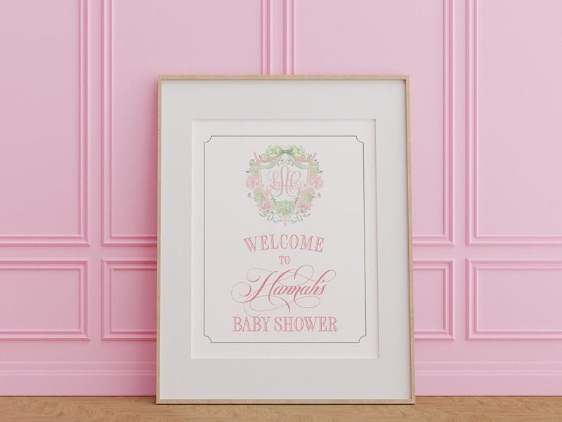 Grandmillenial Welcome Sign for Baby Shower - Monogram Welcome Sign - Pink Hydrangea Bow Crest, Timeless Heirloom