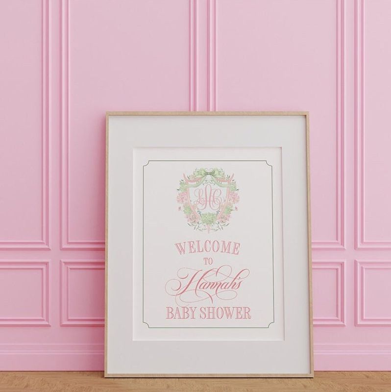Grandmillenial Welcome Sign for Baby Shower - Monogram Welcome Sign - Pink Hydrangea Bow Crest, Timeless Heirloom