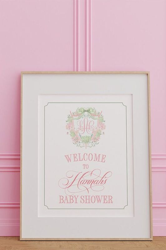 Grandmillenial Welcome Sign for Baby Shower - Monogram Welcome Sign - Pink Hydrangea Bow Crest, Timeless Heirloom