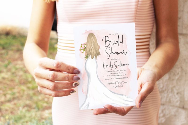 Blonde Bride in a Gown Pink Watercolor Bridal Shower Invitation (10 printed invitations | Plain White Envelopes)