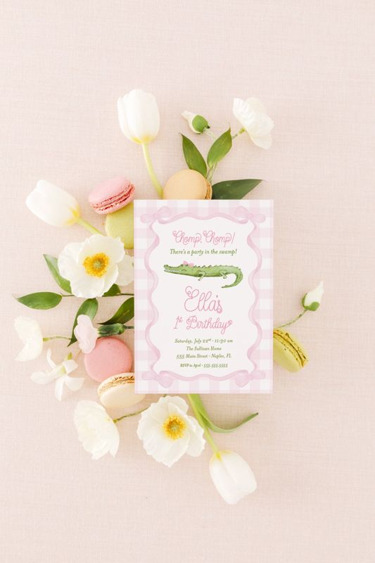 Alligator Birthday Girl Invitations - Crocodile Invitation - Chomp Chomp Party in the swamp - Pink and Green (10 printed invitations | Plain White Envelopes)