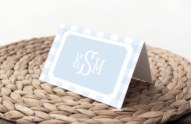 Monogrammed Thank You Notes - Fishtail Monogram - Baby Shower Monogram - Blue Gingham Thank You Notes (20 printed notes)