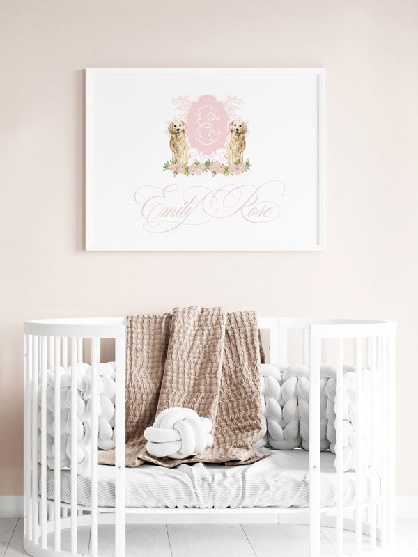 Pink Monogram Crest Wall Art for Nursery - Toddler Girl Room Decor - Golden Retriever Art Print Girl Room Decor - Grandmillenial Girls Room (5x7)