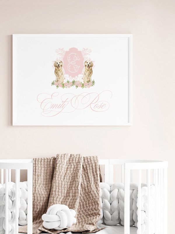 Pink Monogram Crest Wall Art for Nursery - Toddler Girl Room Decor - Golden Retriever Art Print Girl Room Decor - Grandmillenial Girls Room (5x7)