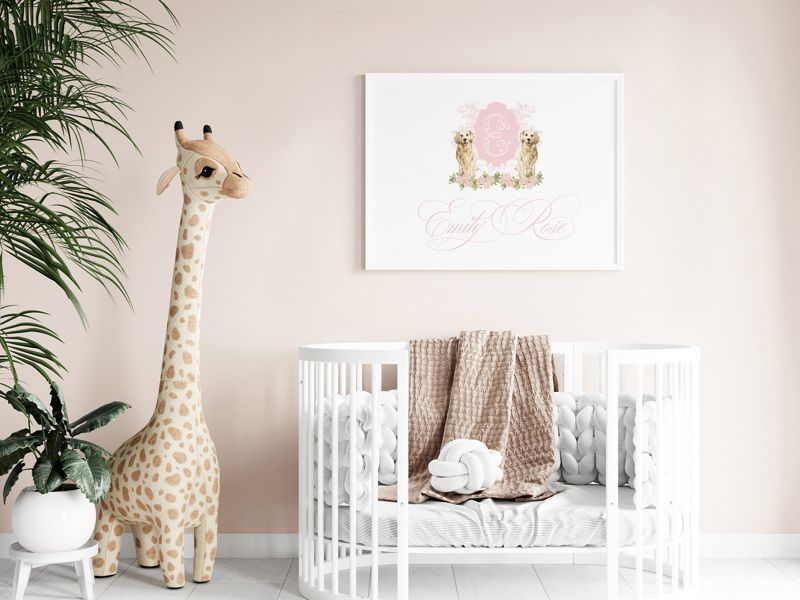 Pink Monogram Crest Wall Art for Nursery - Toddler Girl Room Decor - Golden Retriever Art Print Girl Room Decor - Grandmillenial Girls Room (5x7)