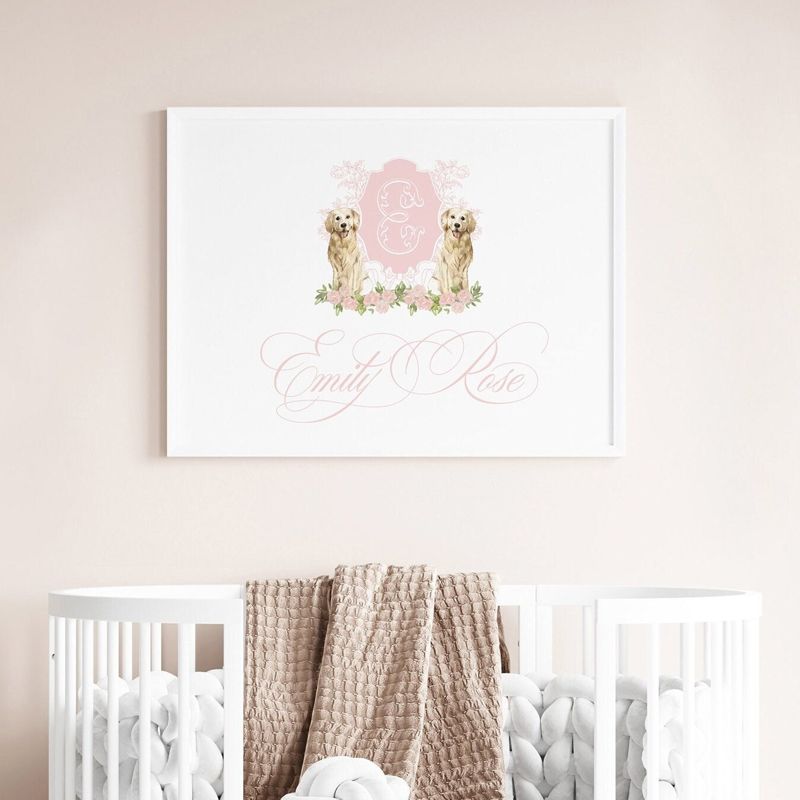 Pink Monogram Crest Wall Art for Nursery - Toddler Girl Room Decor - Golden Retriever Art Print Girl Room Decor - Grandmillenial Girls Room (5x7)