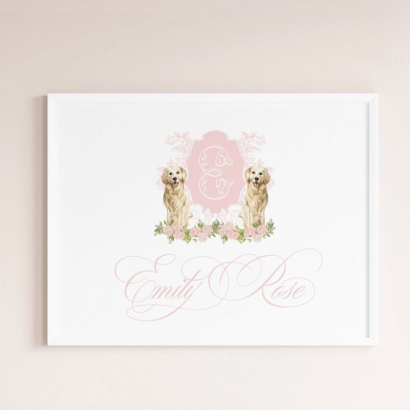 Pink Monogram Crest Wall Art for Nursery - Toddler Girl Room Decor - Golden Retriever Art Print Girl Room Decor - Grandmillenial Girls Room (5x7)