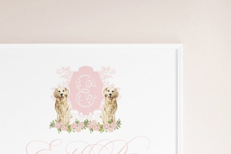 Pink Monogram Crest Wall Art for Nursery - Toddler Girl Room Decor - Golden Retriever Art Print Girl Room Decor - Grandmillenial Girls Room (5x7)
