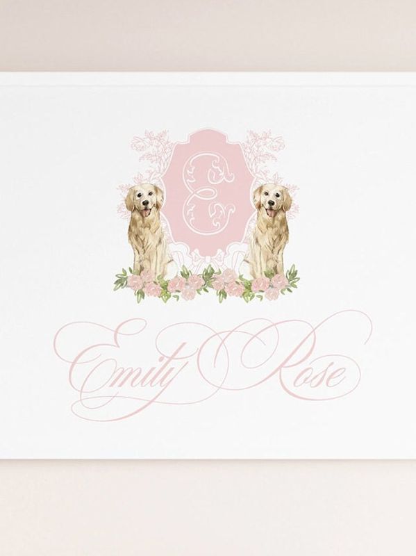 Pink Monogram Crest Wall Art for Nursery - Toddler Girl Room Decor - Golden Retriever Art Print Girl Room Decor - Grandmillenial Girls Room (5x7)