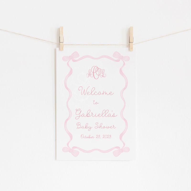 Printed Pink Watercolor Bow Baby Girl Shower Welcome Sign - 18 x 24" welcome poster - sip and see - baby sprinkle (18x24")