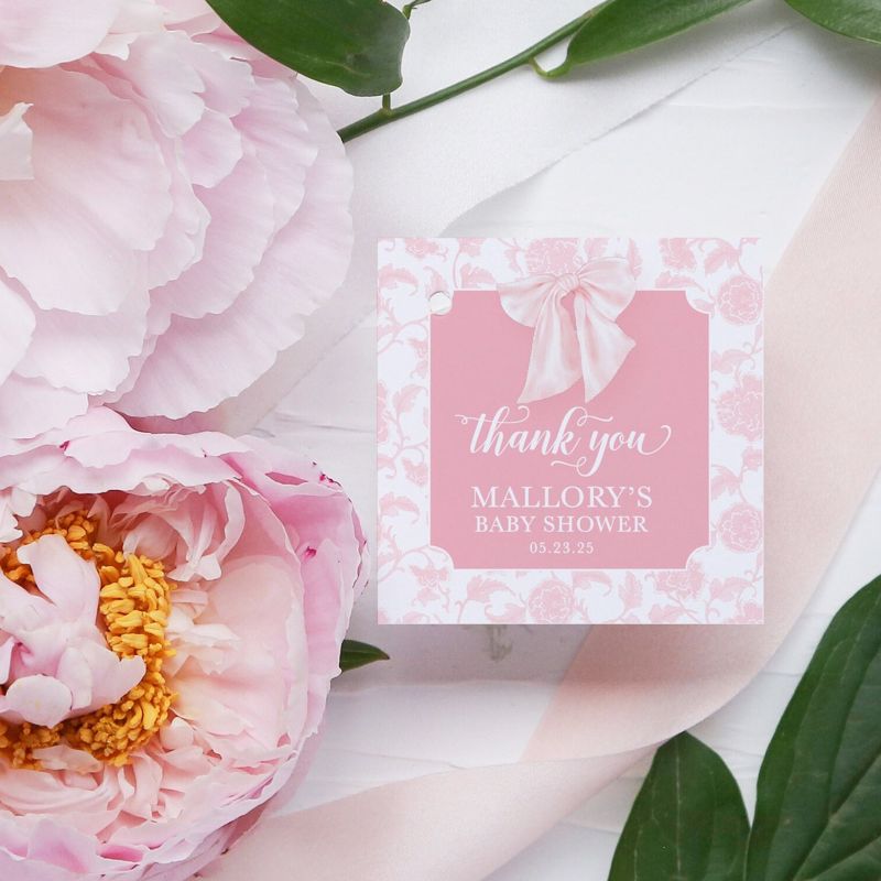 Girl Baby Shower Favor Tags - Pink Chinoiserie - Bow Baby Shower - Thank you tags - Girl Birthday Party (20 printed notes)