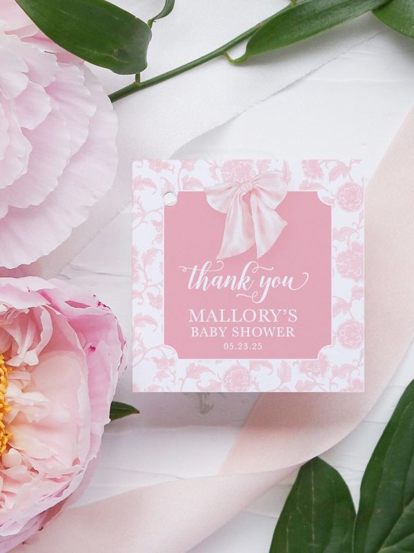 Girl Baby Shower Favor Tags - Pink Chinoiserie - Bow Baby Shower - Thank you tags - Girl Birthday Party (20 printed notes)