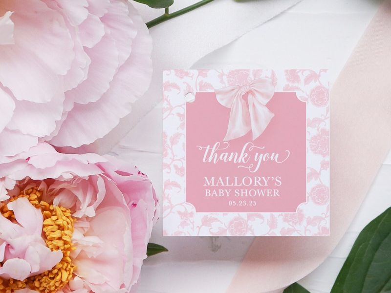 Girl Baby Shower Favor Tags - Pink Chinoiserie - Bow Baby Shower - Thank you tags - Girl Birthday Party (20 printed notes)