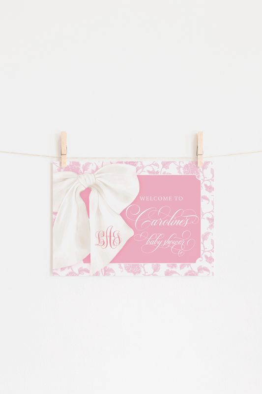 Pink Chinoiserie Baby Shower Welcome Sign - Preppy Southern Heirloom Bow - Watercolor Monogram Bow Sign Printable - Girl Baby Sprinkle