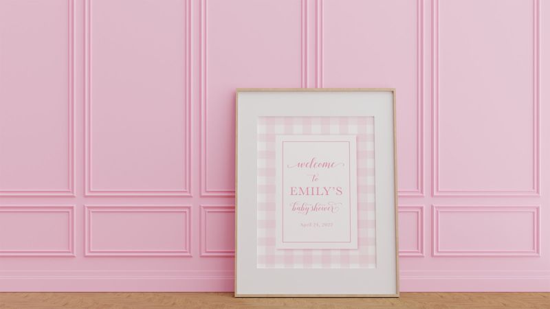 Pink Gingham Baby Shower Welcome Sign Printed 18x24" Poster - Baby Girl Sprinkle (18x24")
