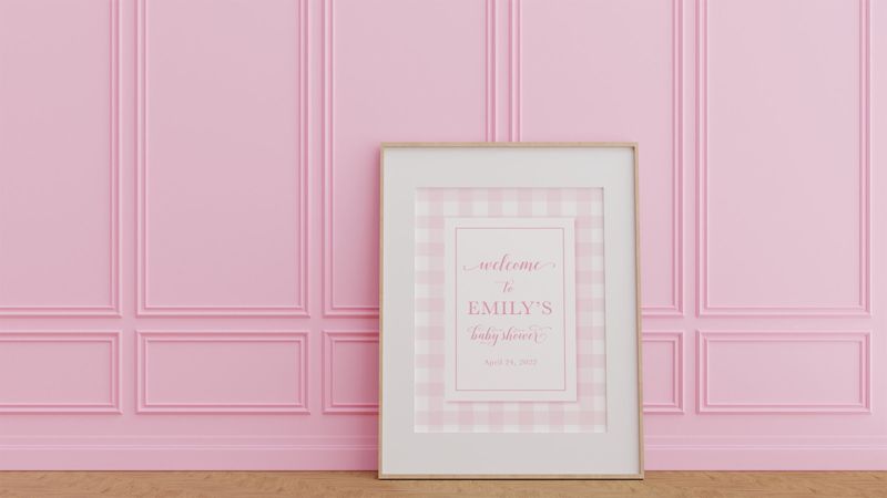 Pink Gingham Baby Shower Welcome Sign Printed 18x24" Poster - Baby Girl Sprinkle (18x24")