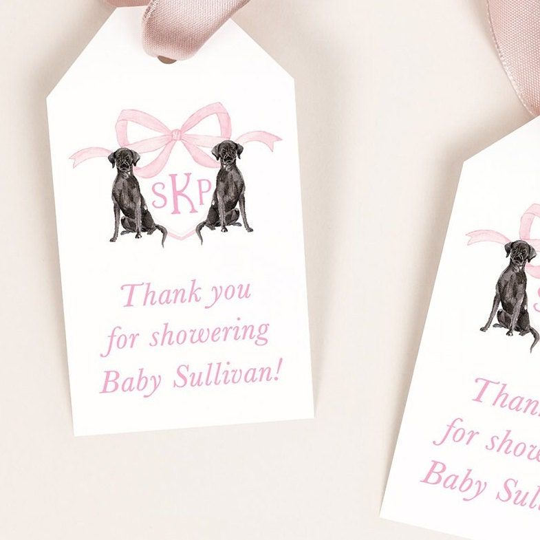 Girl Baby Shower Favor Tags with Labrador Monogram Crest, Gift Tags for Champagne, Thank you tag, Gift Tag, Shower Gift Tags (20 printed tags)