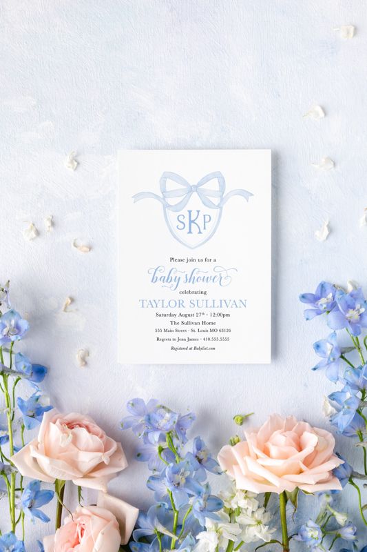 Boy Baby Shower Invitation with Monogram Crest - Blue Baby Sprinkle - Preppy Blue Monogram Bow Invitations Printed (10 printed invitations | Plain White Envelopes)