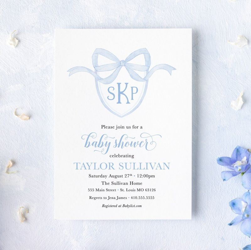 Boy Baby Shower Invitation with Monogram Crest - Blue Baby Sprinkle - Preppy Blue Monogram Bow Invitations Printed (10 printed invitations | Plain White Envelopes)