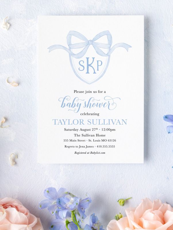 Boy Baby Shower Invitation with Monogram Crest - Blue Baby Sprinkle - Preppy Blue Monogram Bow Invitations Printed (10 printed invitations | Plain White Envelopes)