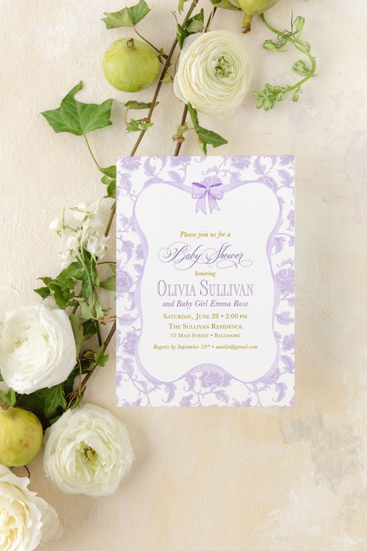 Girl Baby Shower Invitations, baby girl sprinkle, whimsical lilac chinoiserie, grandmillenial lavender garden tea party southern sip and see (10 printed invitations | Plain White Envelopes)