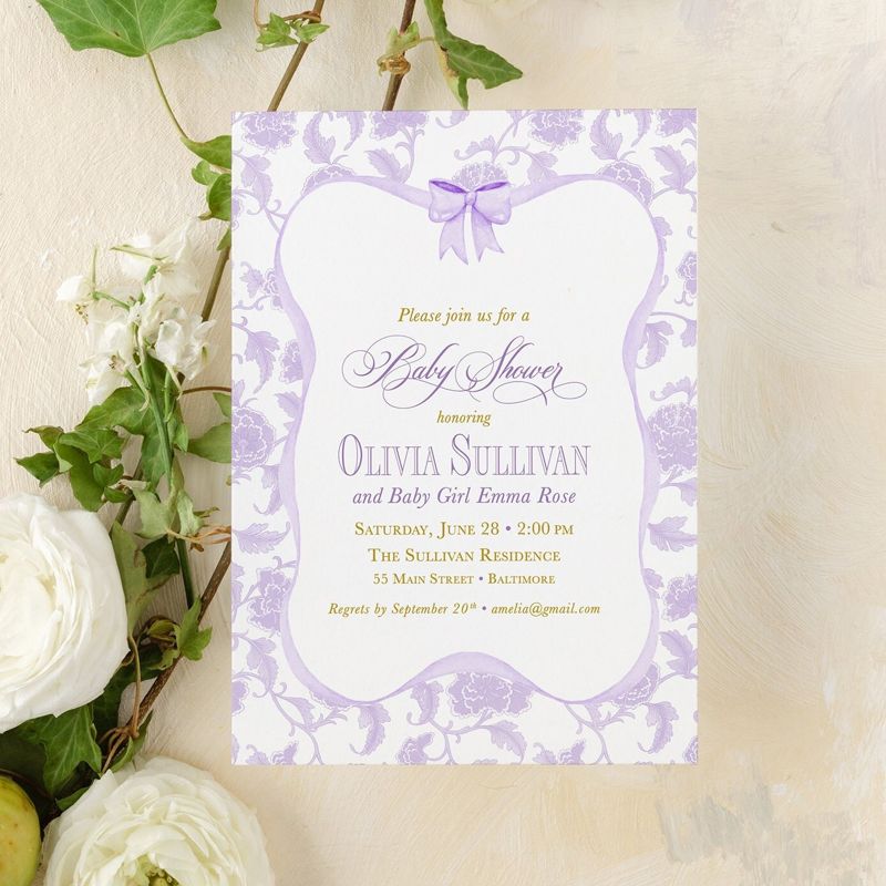Girl Baby Shower Invitations, baby girl sprinkle, whimsical lilac chinoiserie, grandmillenial lavender garden tea party southern sip and see (10 printed invitations | Plain White Envelopes)