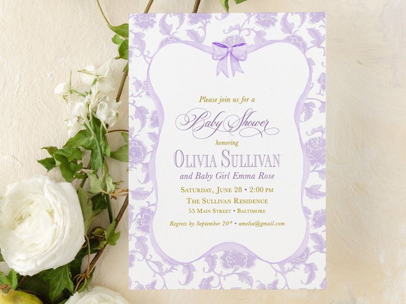 Girl Baby Shower Invitations, baby girl sprinkle, whimsical lilac chinoiserie, grandmillenial lavender garden tea party southern sip and see (10 printed invitations | Plain White Envelopes)
