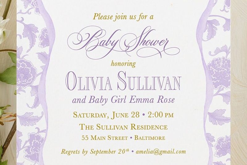 Girl Baby Shower Invitations, baby girl sprinkle, whimsical lilac chinoiserie, grandmillenial lavender garden tea party southern sip and see (10 printed invitations | Plain White Envelopes)