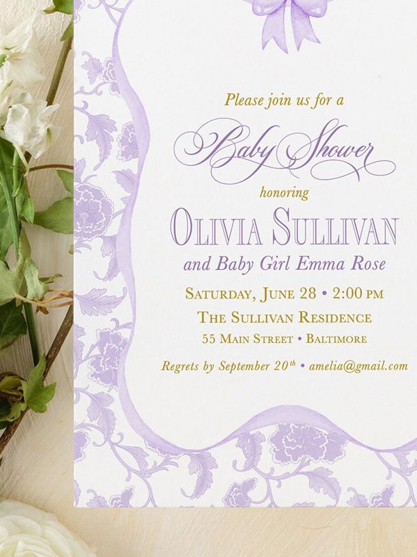 Girl Baby Shower Invitations, baby girl sprinkle, whimsical lilac chinoiserie, grandmillenial lavender garden tea party southern sip and see (10 printed invitations | Plain White Envelopes)