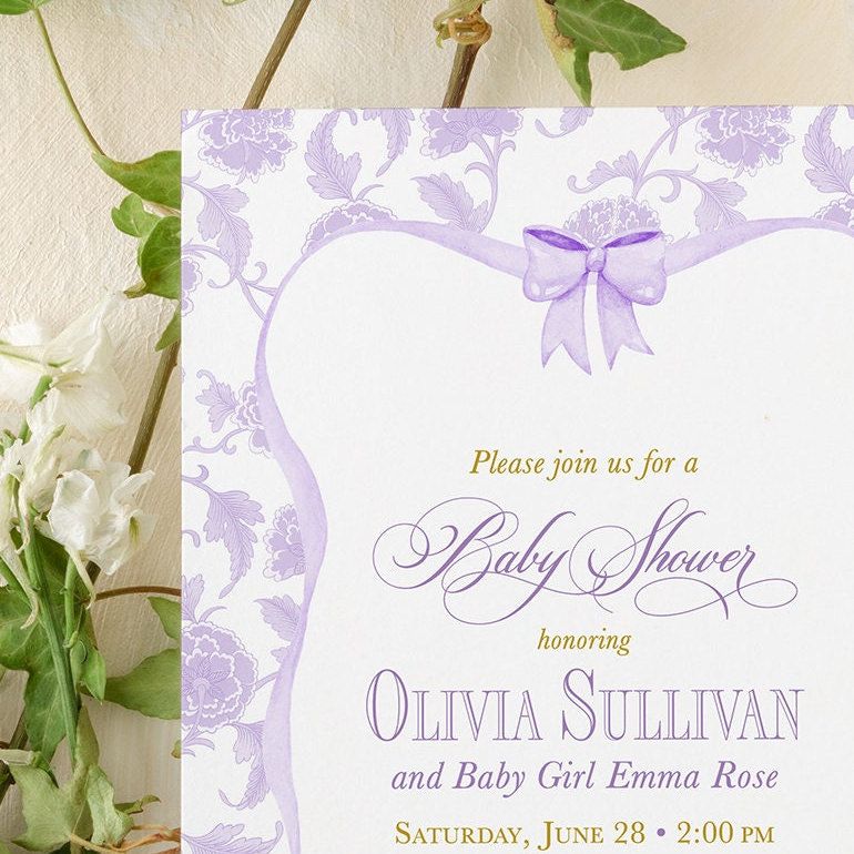 Girl Baby Shower Invitations, baby girl sprinkle, whimsical lilac chinoiserie, grandmillenial lavender garden tea party southern sip and see (10 printed invitations | Plain White Envelopes)