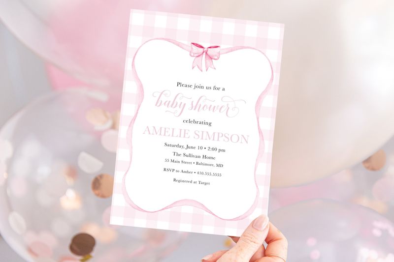 Preppy Pink Gingham Bow Baby Shower Invitation Printed (10 printed invitations | Plain White Envelopes)