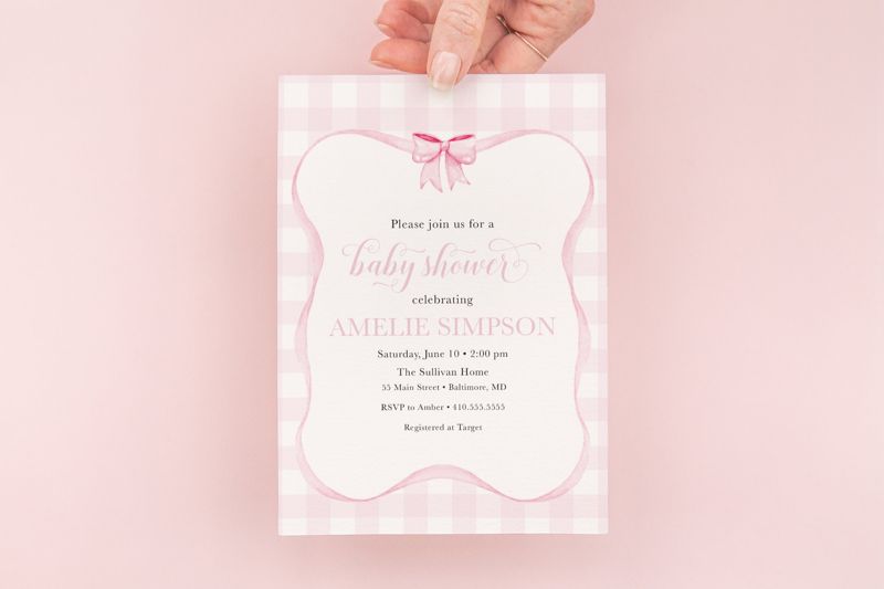 Preppy Pink Gingham Bow Baby Shower Invitation Printed (10 printed invitations | Plain White Envelopes)