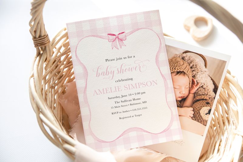 Preppy Pink Gingham Bow Baby Shower Invitation Printed (10 printed invitations | Plain White Envelopes)