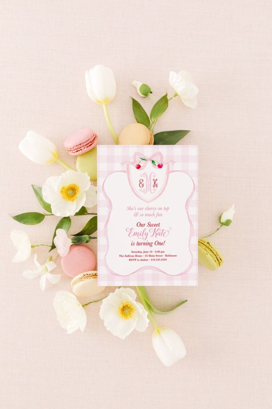 Cherry First Birthday Invitation Printed - Preppy Monogram Invitations - Cherry Watercolor Bow - Cherry on Top Party Girl Birthday Party (10 printed invitations | Plain White Envelopes)