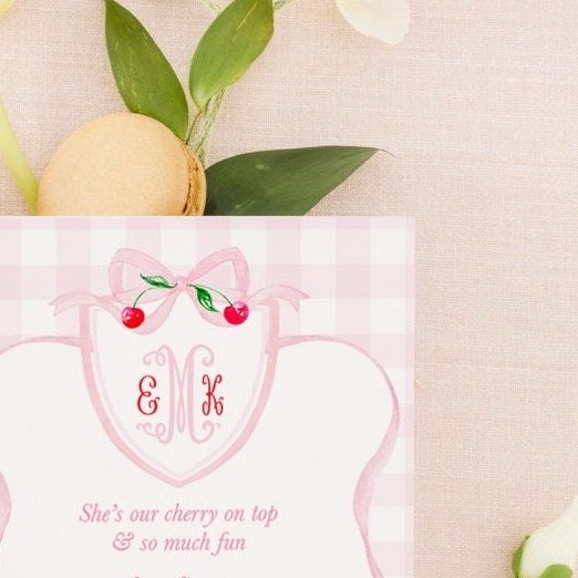 Cherry First Birthday Invitation Printed - Preppy Monogram Invitations - Cherry Watercolor Bow - Cherry on Top Party Girl Birthday Party (10 printed invitations | Plain White Envelopes)